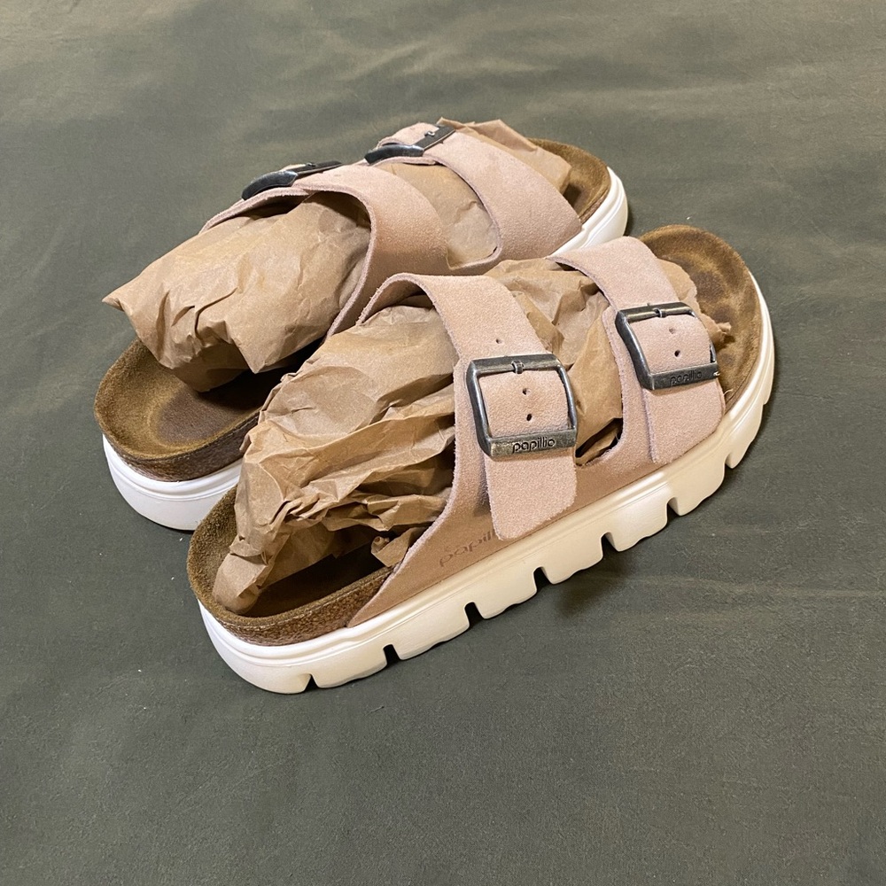 Birkenstock Women's Pink Suede Two-Strap Platform Sandals